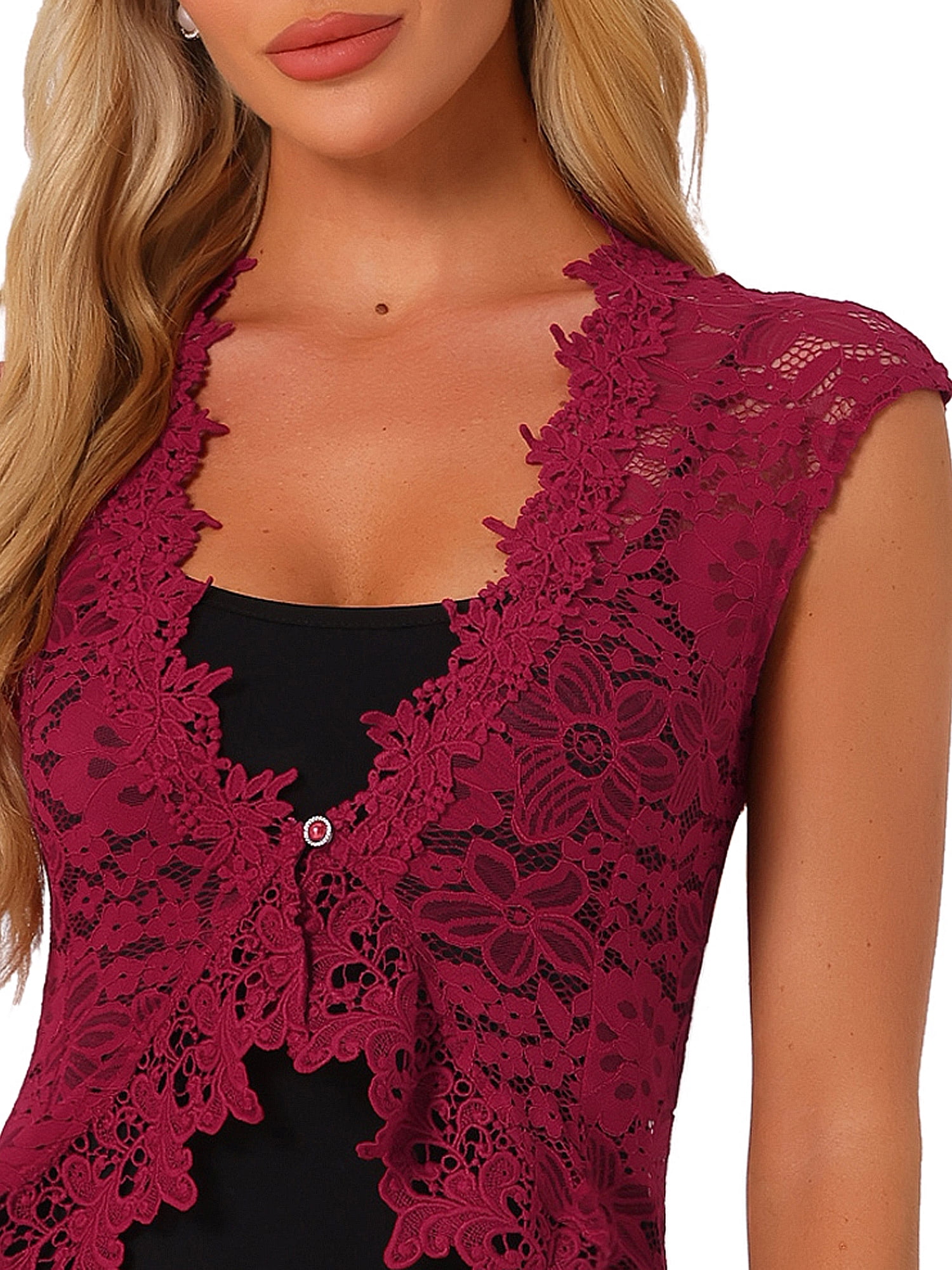 DARING DIVA Women's Lace Cap Sleeves Cardigan Floral Shrug S Burgundy