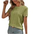 thumbnail image 2 of iHengLiXing Spring Tops for Womens Dressy Casual Women's Pleated Embroidered Eyelets Solid Color Round Neck Casual Short Sleeved Top Green XL, 2 of 6