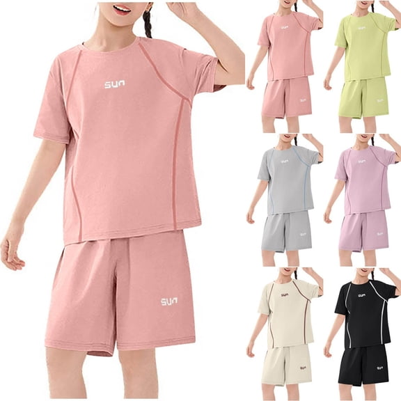 Eltusu Girls Athletic Outfit Sets, Short Sleeve Crew Neck Casual Activewear T-Shirts and Shorts Sets Pink Size 7-8 T
