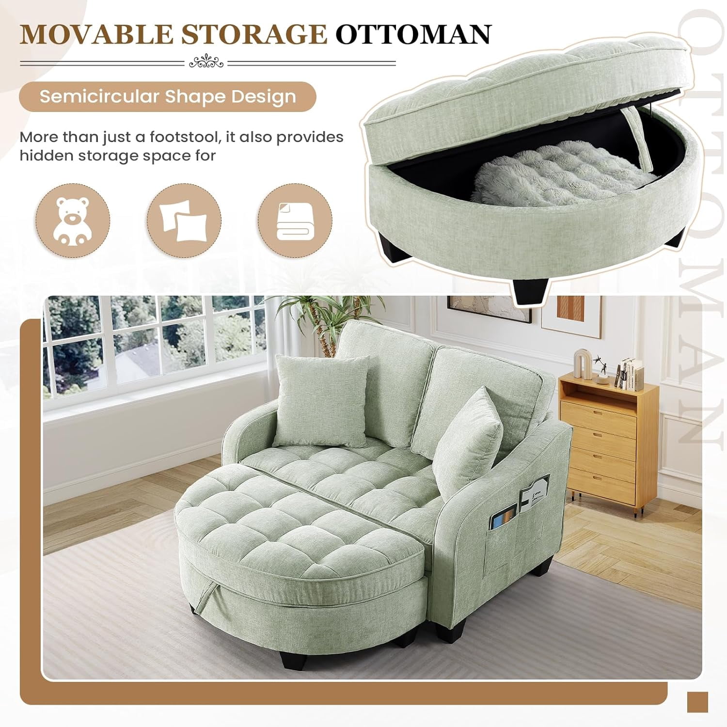 MOONMISS Oversized Chair and A Half, Chenille Tufting Accent Cozy Reading Sofa Chair with Storage Ottoman, Upholstered Loveseat Chaise Lounge Sofa with Adjustable Back for Living Room,Green