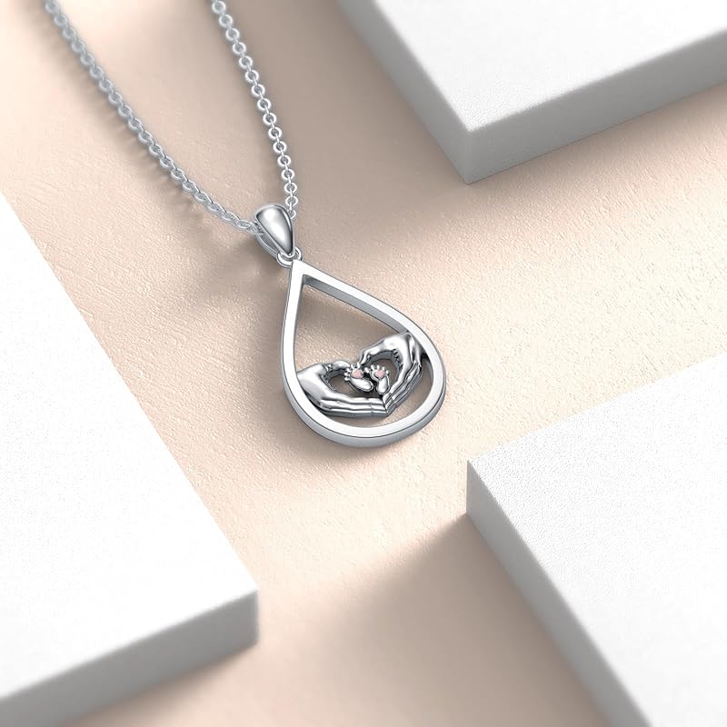 SOULMEET 925 Sterling Silver Footprint Necklace Mom Pendant Necklace Mother's Day Jewelry Gift for Women Mom Wife