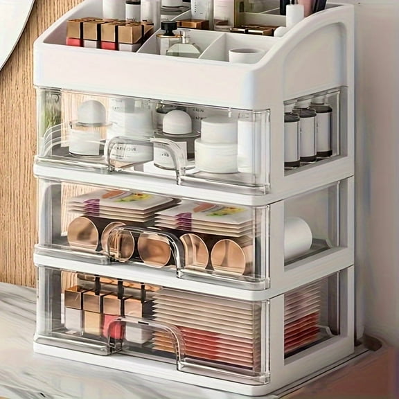 Clear cosmetic drawer, cosmetic storage box with 3 drawers, cosmetic display case, plastic stationery storage box, use for home and office.