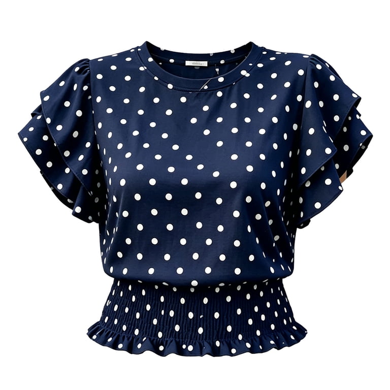 Women's Cute Double Ruffle Sleeve Polka Dot Top Round Neck Elastic