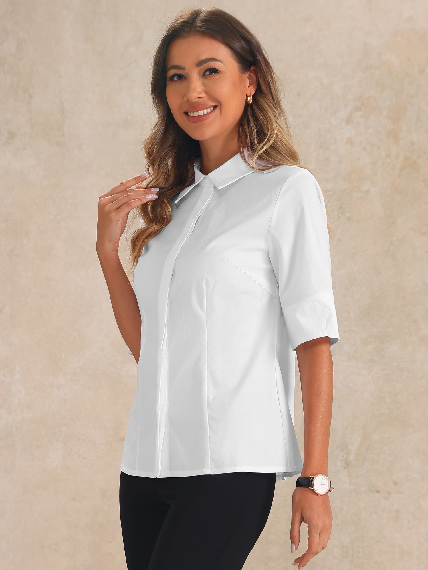 DARING DIVA Women's Half Sleeve Collared Formal Button Down Shirts Office Top S White