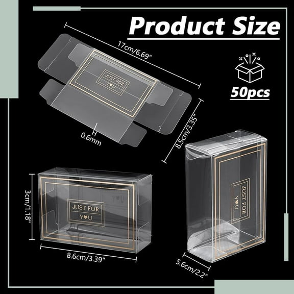 50PCS Clear Gift Box 3.39x1.18x2.2 Inch Rectangle PVC Candy Boxes Just for You Signs TransparentPackaging Boxes Wedding Gift Box Treat Boxes for Party Favors Candy Dessert Chocolate