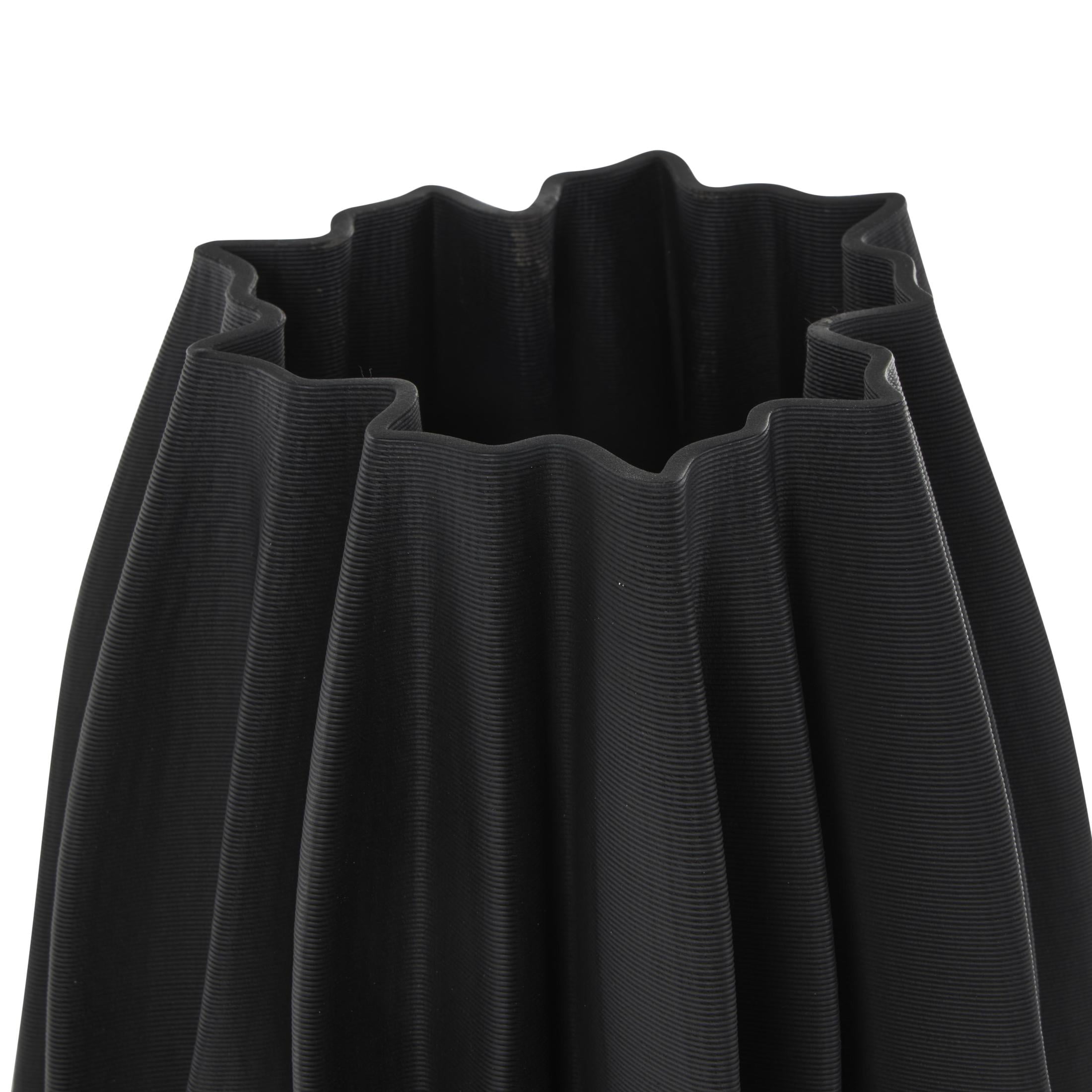 DecMode 14" Abstract Dimensional Wavy Ribbed Black Ceramic Vase with Floral Shaped Rim