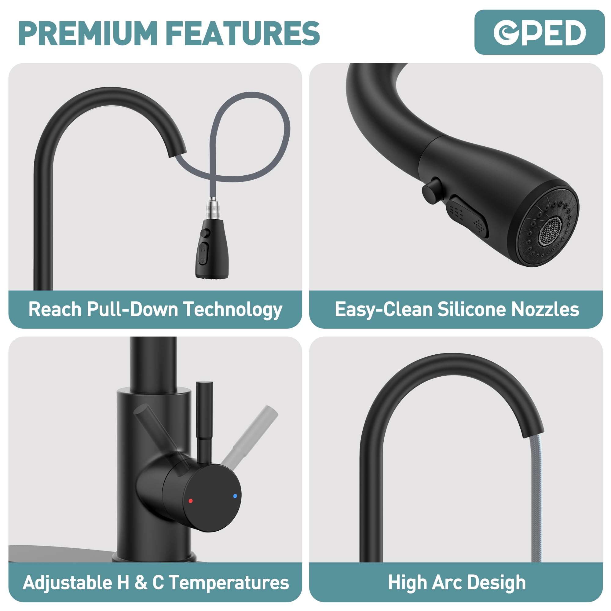 GPED Kitchen Faucet with Soap Dispenser, Kitchen Sink Faucet with Pull Down Sprayer & Deck Plate, 3 Modes & SUS304 Stainless Steel,High Arc Single Handle Kitchen Faucet w/ Water Lines,Matte Black