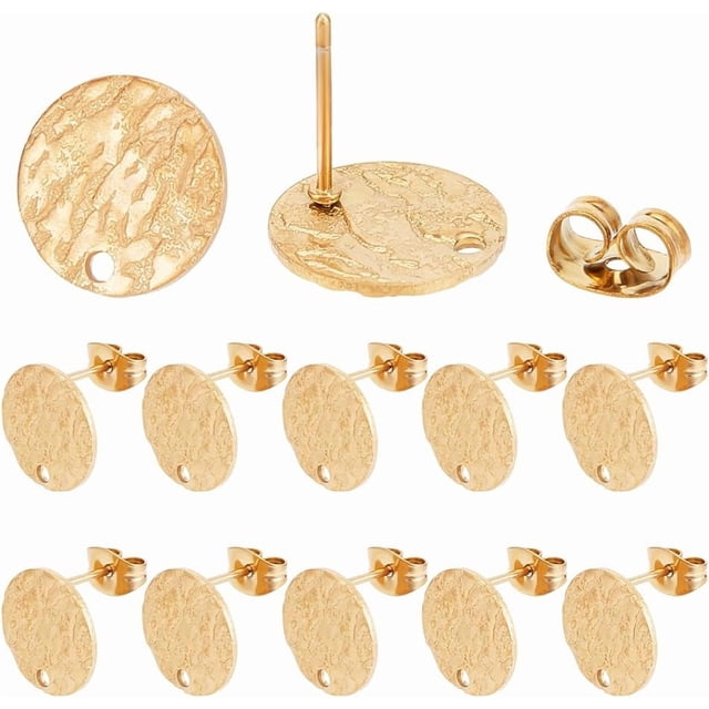 10 piezas de aretes redondos planos texturizados chapados en oro de 18 quilates, accesorios de acero inoxidable para aretes, postes y cierres.