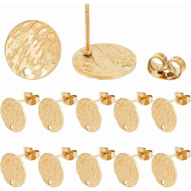 10 piezas de aretes redondos planos texturizados chapados en oro de 18 quilates, accesorios de acero inoxidable para aretes, postes y cierres.