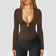 thumbnail image 4 of Womens Sexy Tops Long Sleeve Slim Fit Crop Tee Shirts Low-Cut Ribbed Knit Going Out Blouses Clubwear Outfits (L, Coffee), 4 of 5