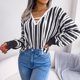 thumbnail image 3 of Mujeres V Masajeadores de cuello Cruz tie suéter casual elegante puff manga colorblock rayas punto Tops, 3 of 7