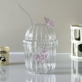 thumbnail image 3 of Ribbed Glass Cups Butterfly Decoration 13 Oz Drinking Glassware with Lids and Straws Creative Iced Coffee Glasses, Striped Drink Cups for Iced Coffee, Juice, 3 of 9