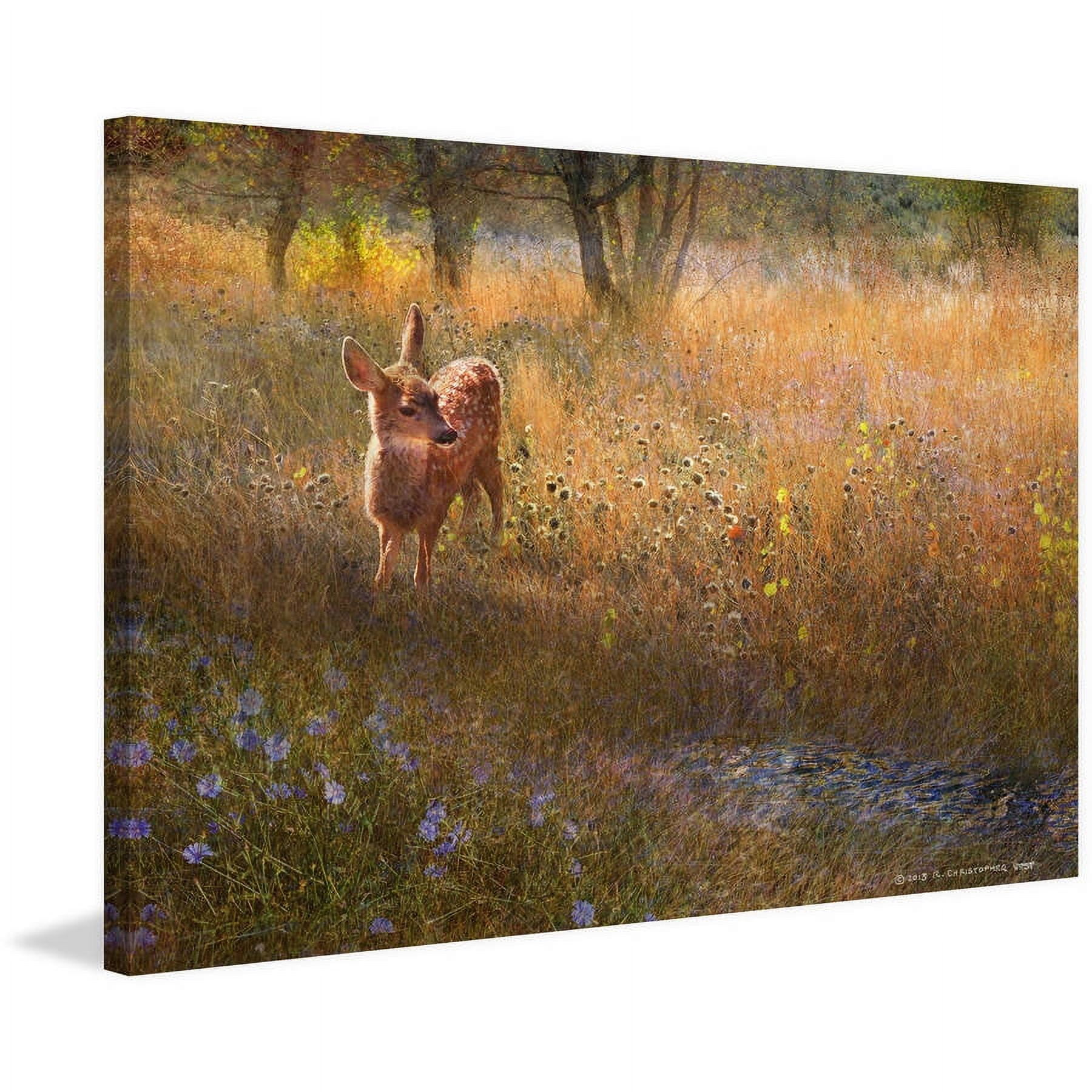 "Flowered Meadow Fawn" Painting Print on Wrapped Canvas
