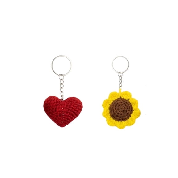 Handmade Crochet Sunflower & Heart Keychain Set – Cute Soft Knitted Key Ring Charms for Bags, Keys & Gifts