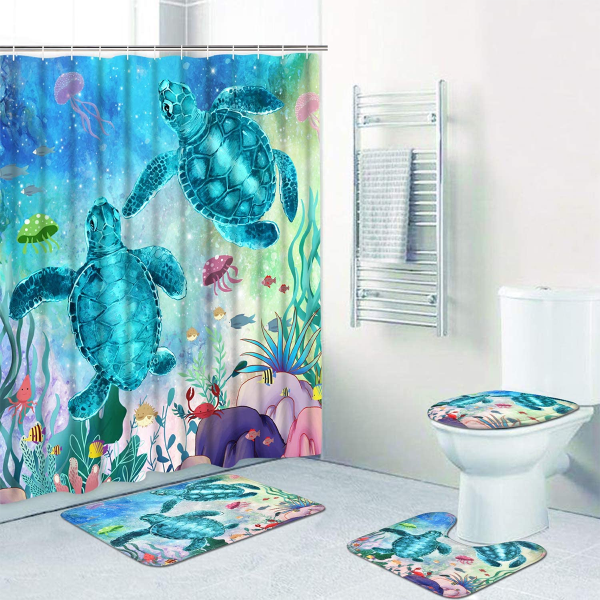 3D Sea Turtle Jellyfish Shower Curtain Floor Mat Toilet Lid Cover Bathroom Rug