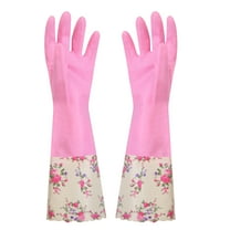 Rubber Cleaning Gloves, Long Velvet Lined Dishwashing Gloves with Floral Design, Non-slip Grip & Extended Cuffs for Hand Protection, Ideal for Kitchen, Laundry, Car Washing & Household Chores