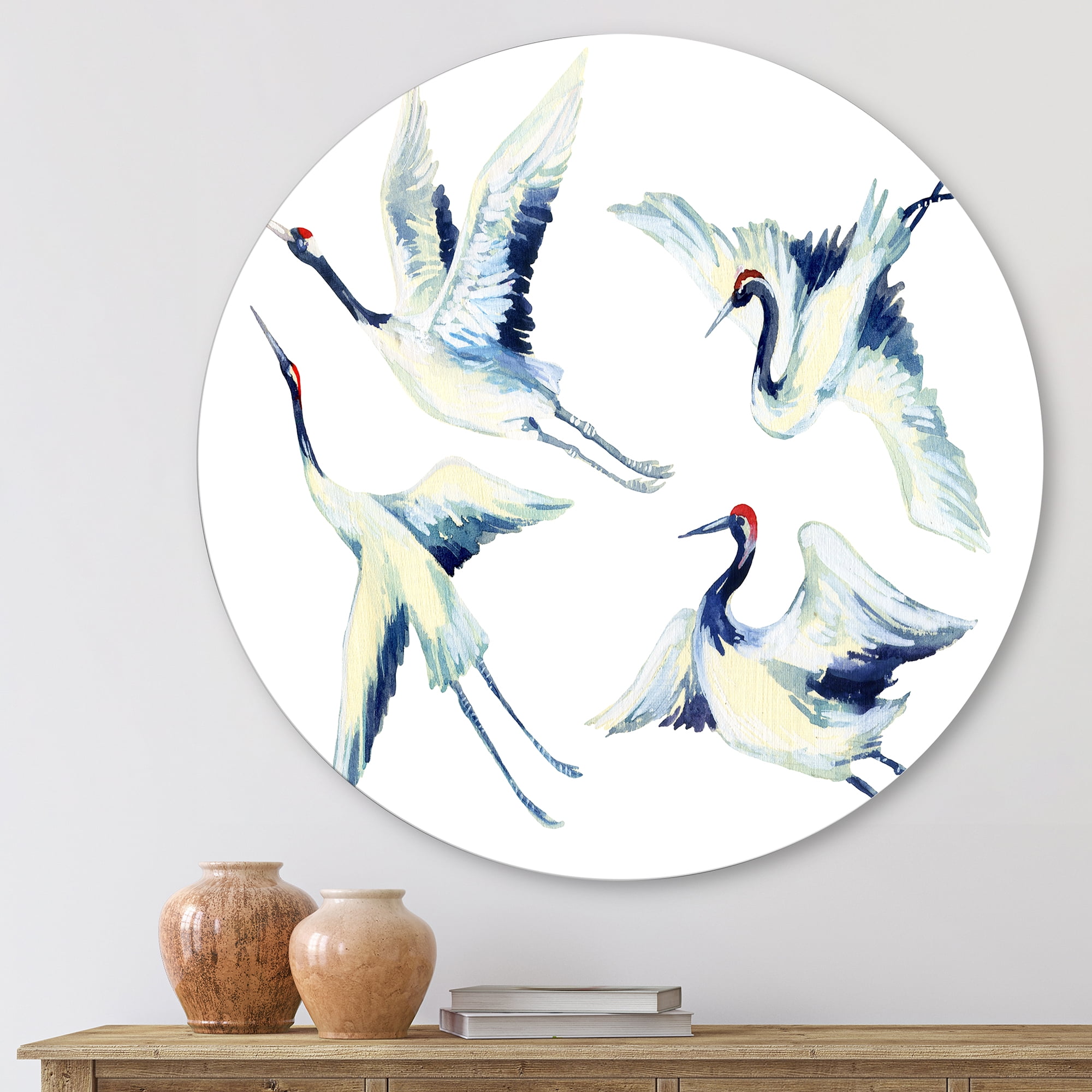 Designart 'Asian Crane Bird Impression II' Traditional Circle Metal Wall Art 23x23 - Disc of 23