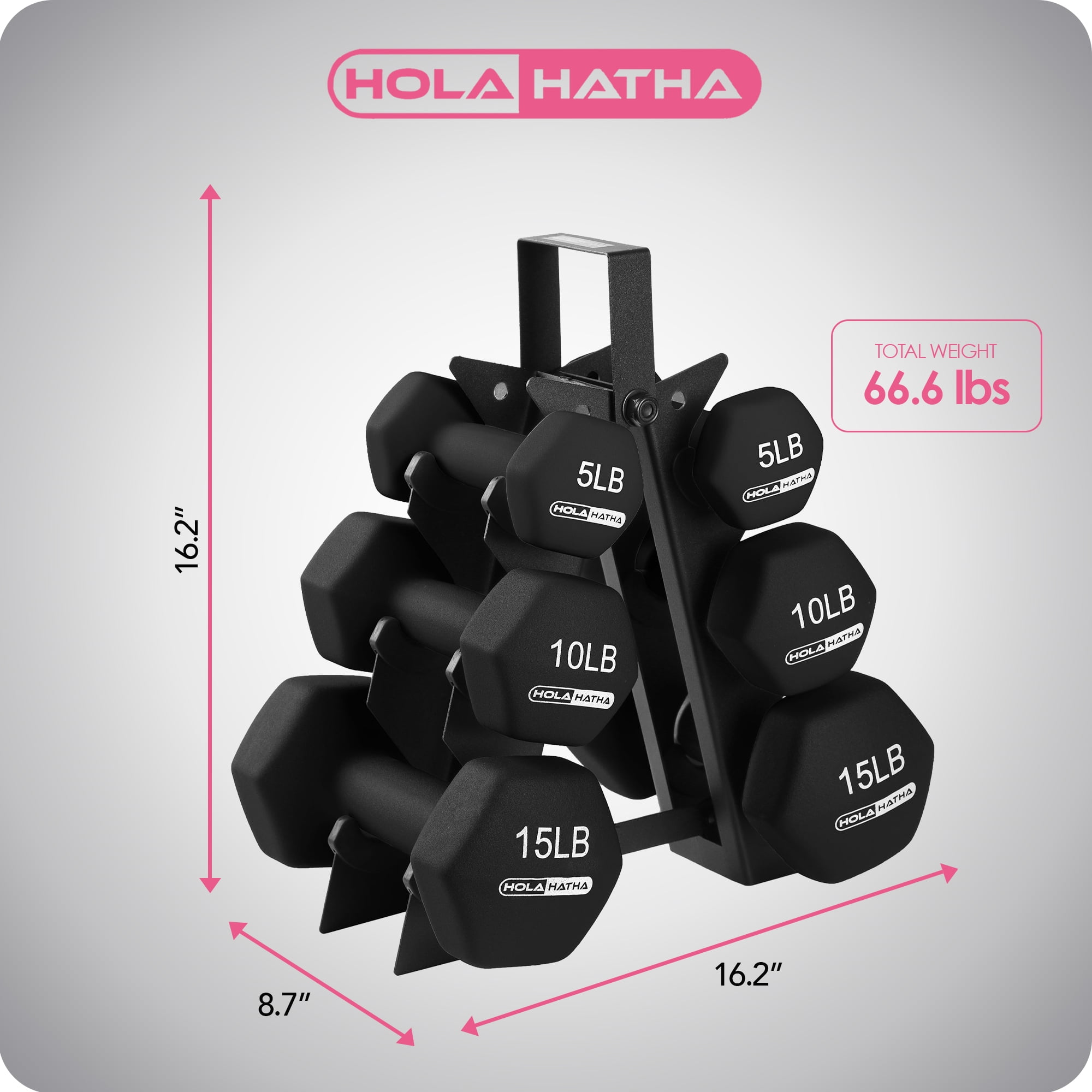HolaHatha Neoprene Dumbbell Free Hand Weight Set & Rack, 5,10,15 lb