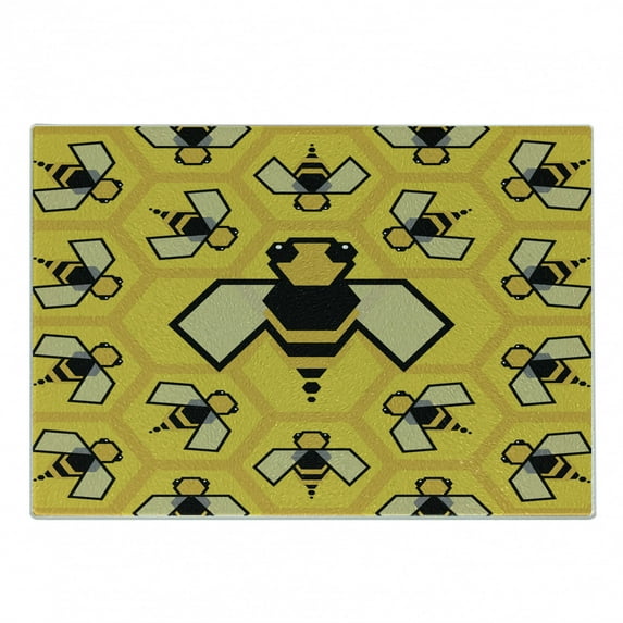 Queen Bee Cutting Board, Digitally Generated Insect Theme Geometric Arrangement, Decorative Tempered Glass Cutting and Serving Board, in 3 Sizes, by Ambesonne