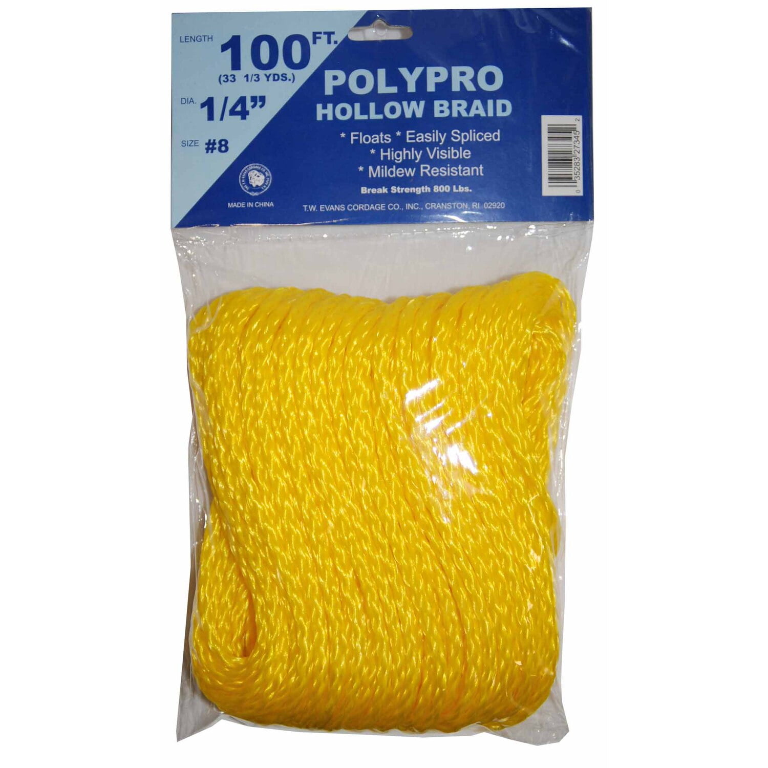 T.W Evans Cordage 27-302 1/4-Inch by 500-Feet Hollow Braid Polypro Rope Yellow 