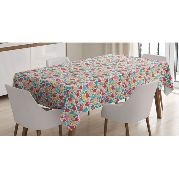 Hearts Tablecloth, Colorful Hearts for Valentines Day Love Hand Drawn Happiness Joy Theme, Rectangle Satin Table Cover Accent for Dining Room and Kitchen, 60" X 84", Multicolor, by Ambesonne