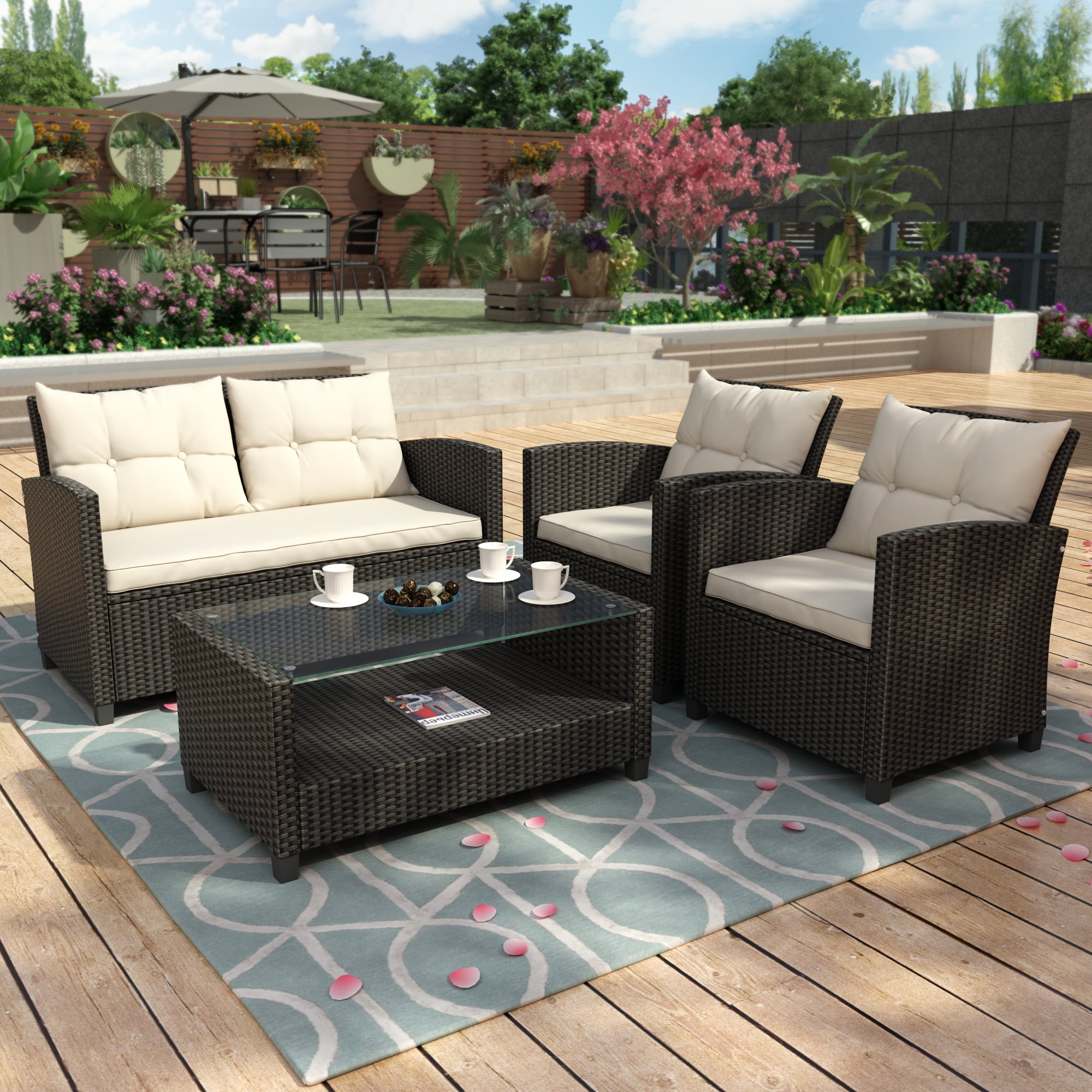 Clearance! Outdoor Wicker Sectional Sofa Set, 4 Piece Patio Furniture Conversation Set with ...