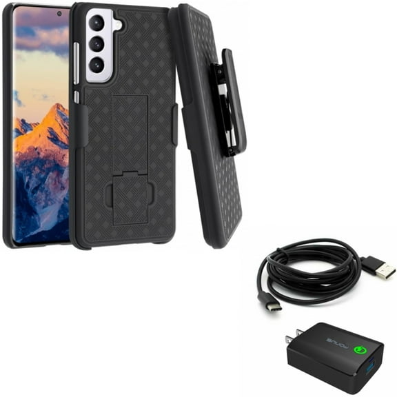 6ft USB Cable 18W Fast Home Charger w Swivel Holster Case Belt Clip for Samsung Galaxy S21 FE 5G