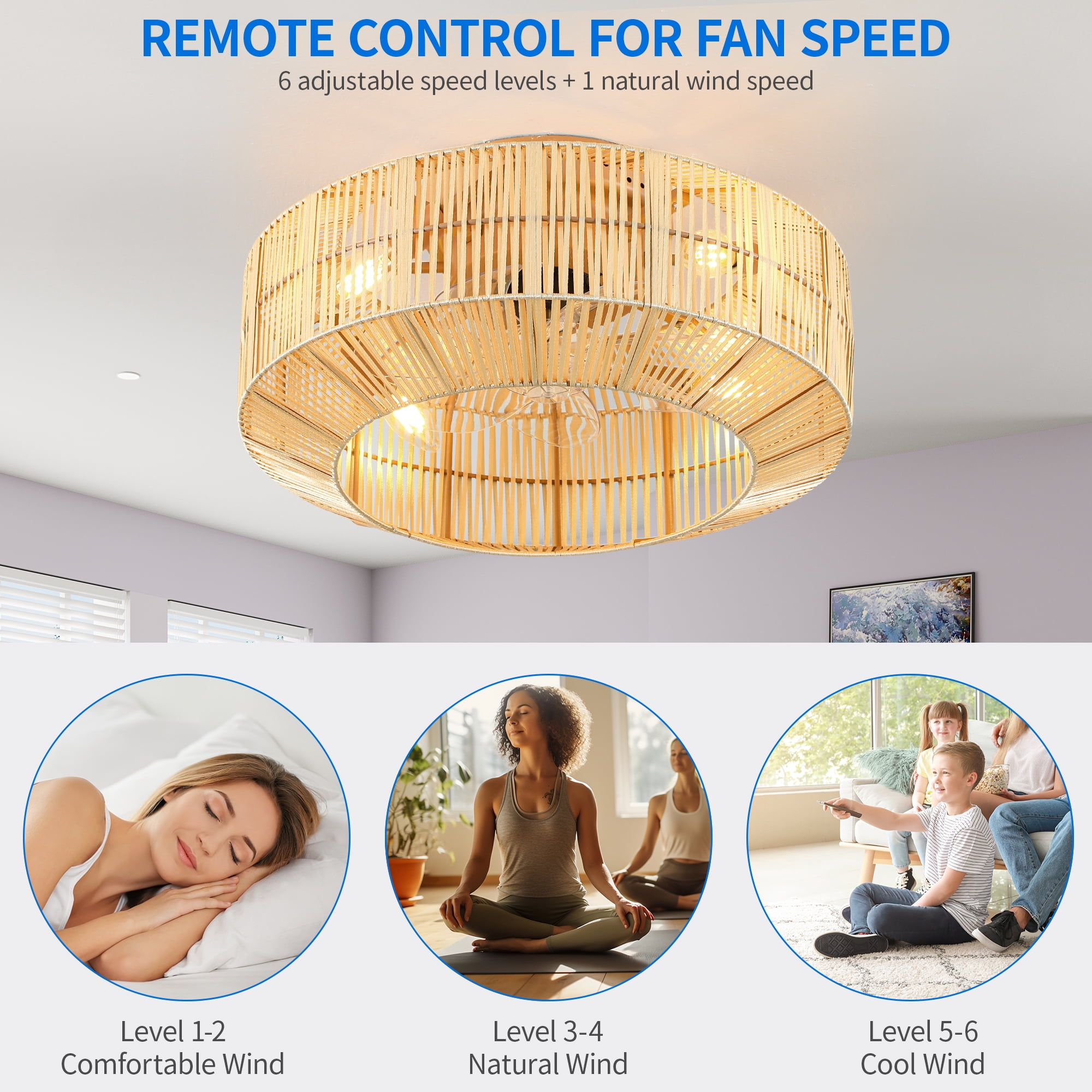 Uforic 18" Caged Ceiling Fan with Lights, Flush Mount, 6-Speed Reversible, Remote Control, Rustic Yellow Finish for Bedroom, Kitchen, Living Room