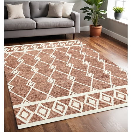 5' X 8' Rust And Ivory Wool Argyle Hand Hooked Area Rug