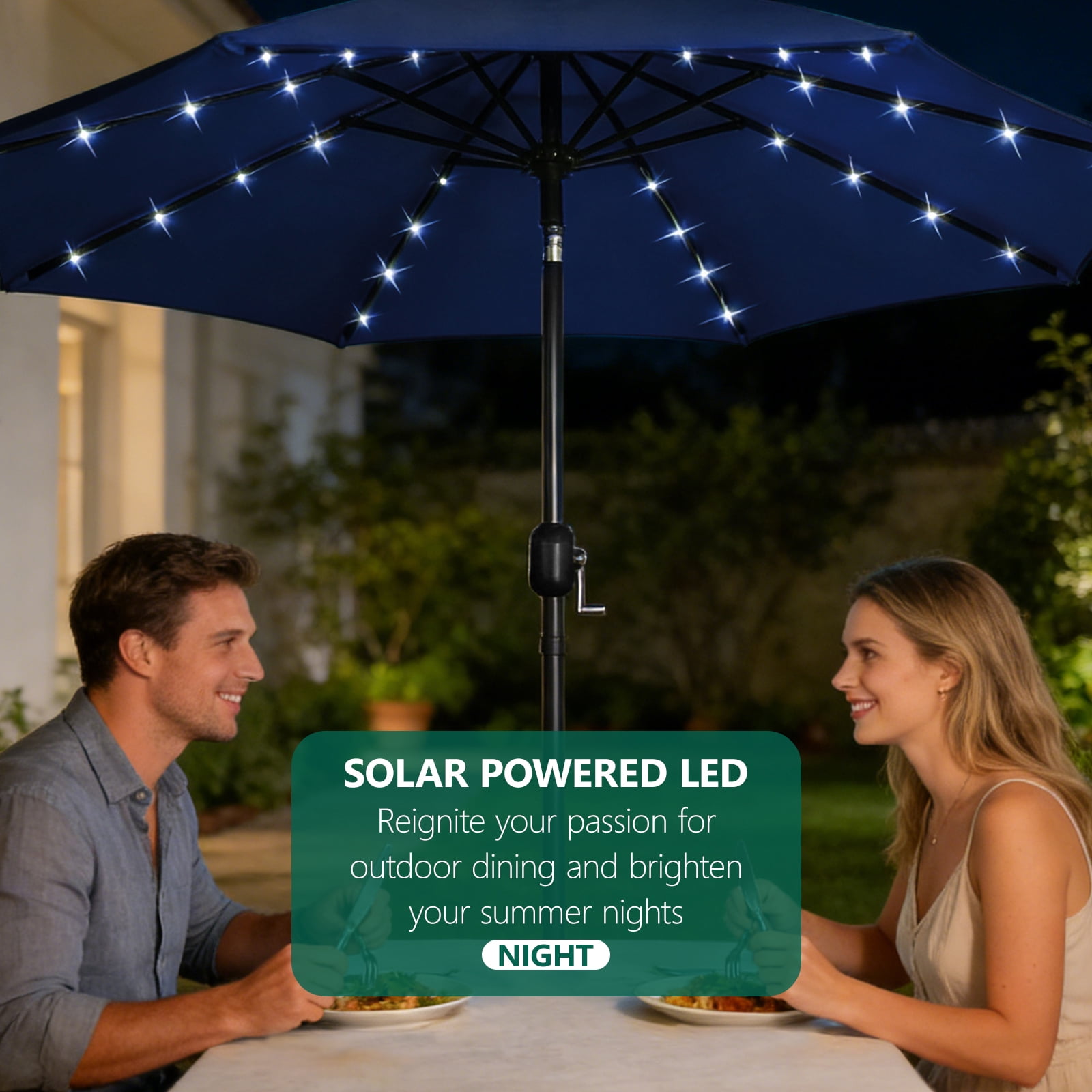 HaiCube 9FT Solar Patio Umbrella with LED Lights, Outdoor Market Umbrella with Solar Panel, 8 Heavy-Duty Ribs, for Patio, Deck, Garden,Dark Blue