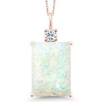 Gem Stone King 18K Rose Gold Plated Silver White Opal and White Topaz Pendant Necklace for Women (4.99 Cttw, Emerald Cut Cabochon 18X13MM, With 18 inch Silver Chain)