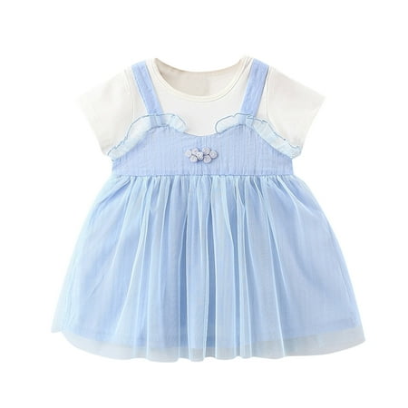 

GWAABD Cute Vacation Dresses for Little Girls Blue Cotton Blend Toddler Baby Kids Girls Summer Patchwork Floral Gauze Dress Princess Dresses 120