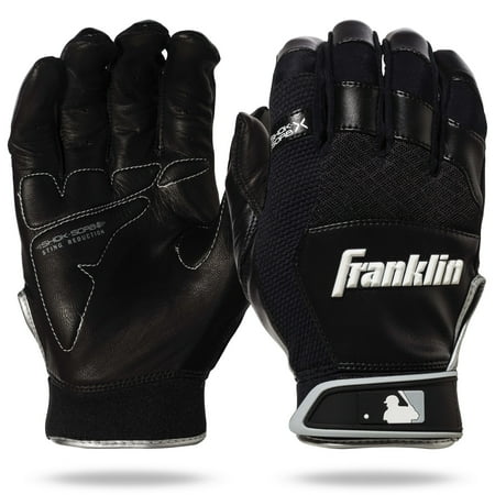 Franklin Sports MLB Baseball Batting Gloves - Shok-Sorb X Batting Gloves for Baseball + Softball - Adult + Youth Padded Non-Sting Pairs - Black/Black - Adult Small