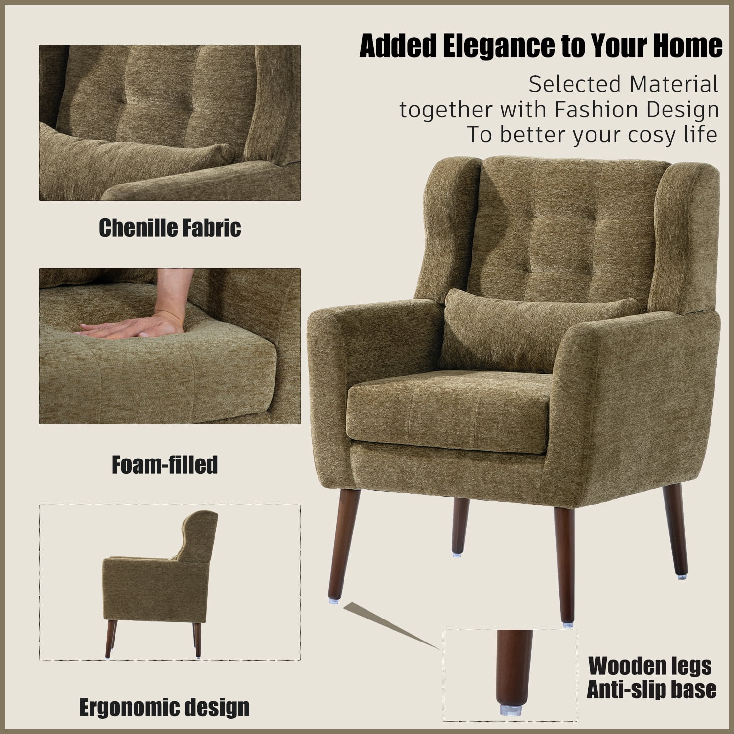 DEALTOPS Upholstered Accent Chair Modern Armchair with Chenille Fabric Lounge for Bedroom-Brown