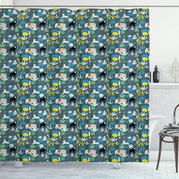 Jungle Shower Curtain Pattern With, Jungle Shower Curtain Hooks