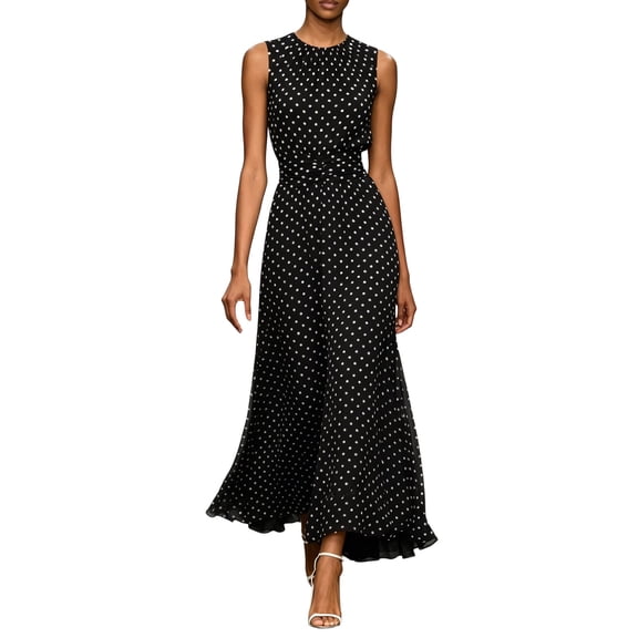 Levmjia Women's Dress Polka Dot Print Sleeveless Summer Dress Elegant Evening Party Gown with Belt