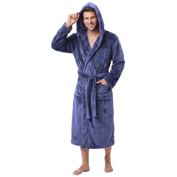 Vulcanodon Mens Hooded Robe, Full Length Plush Robe for Men Fleece Bathrobe(Navy, L/XL)