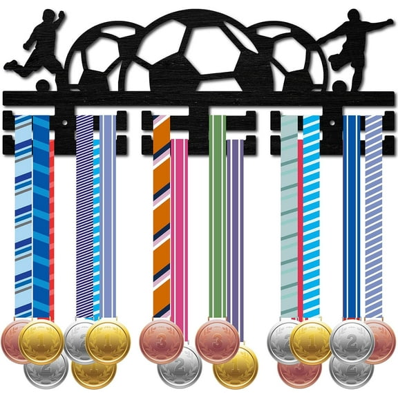 Football Medal Hanger Display Soccer Medal Holder Rack Sports Metal Hanging Wooden Wall Mount Shelf Frame Decor Medal Hangers with 12hooks for Ribbon Runner Marathon Black 15.7 x 6Inch DIY