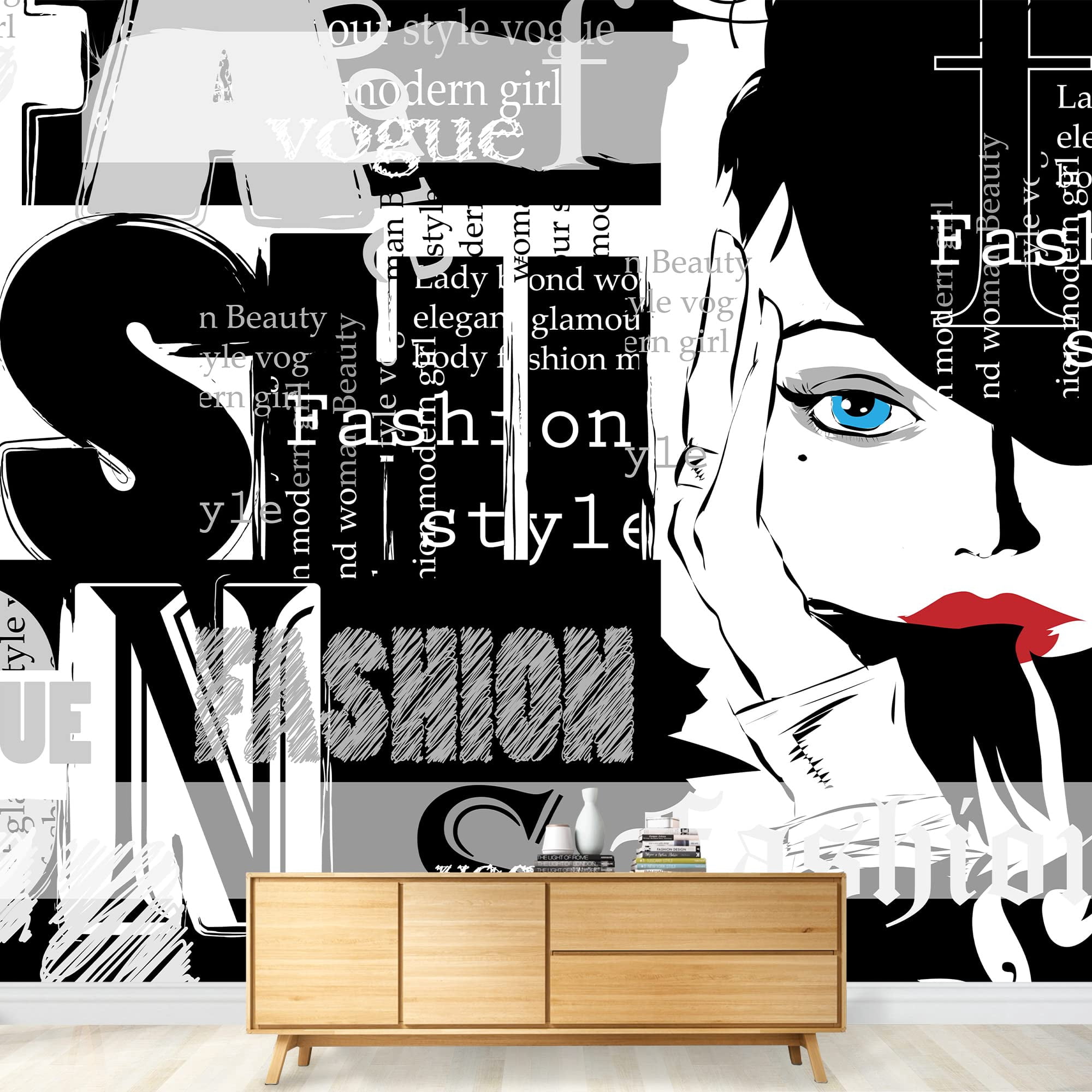 wall26 - Vintage Fashion Background. Letters, Words and Stylish Girl - Removable Wall Mural | Self-Adhesive Large Wallpaper - 100x144 inches