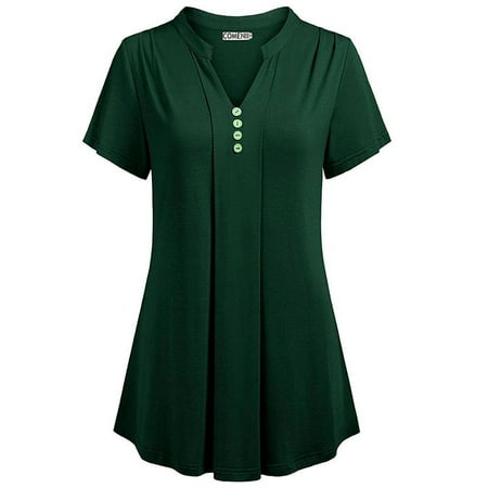 Couture Couture Silk Blouse Women Summer Casual Solid Short Sleeve Tops Sexy Deep V-neck Button Chemise Loose Blouse Cotton Silk T-shirt Plus Size ()