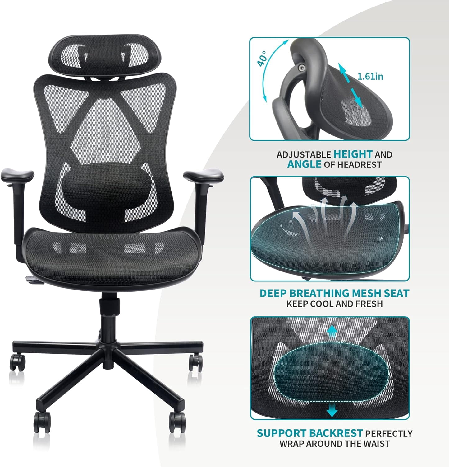 Mesh Office Chair, Ergonomic Office Chairs with Wheels, Adjustable Lumbar Support, Armrest, Headrest-Tilt High Back Desk Chair with Mute Wheel for Office, Home, Gaming