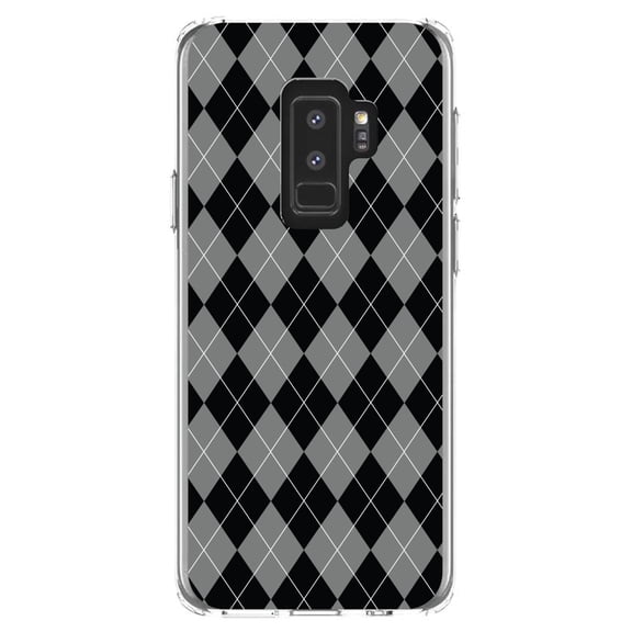 DistinctInk Clear Shockproof Hybrid Case for Samsung Galaxy S9  PLUS (6.2" Screen) - TPU Bumper, Acrylic Back, Tempered Glass Screen Protector - Black Grey White Argyle