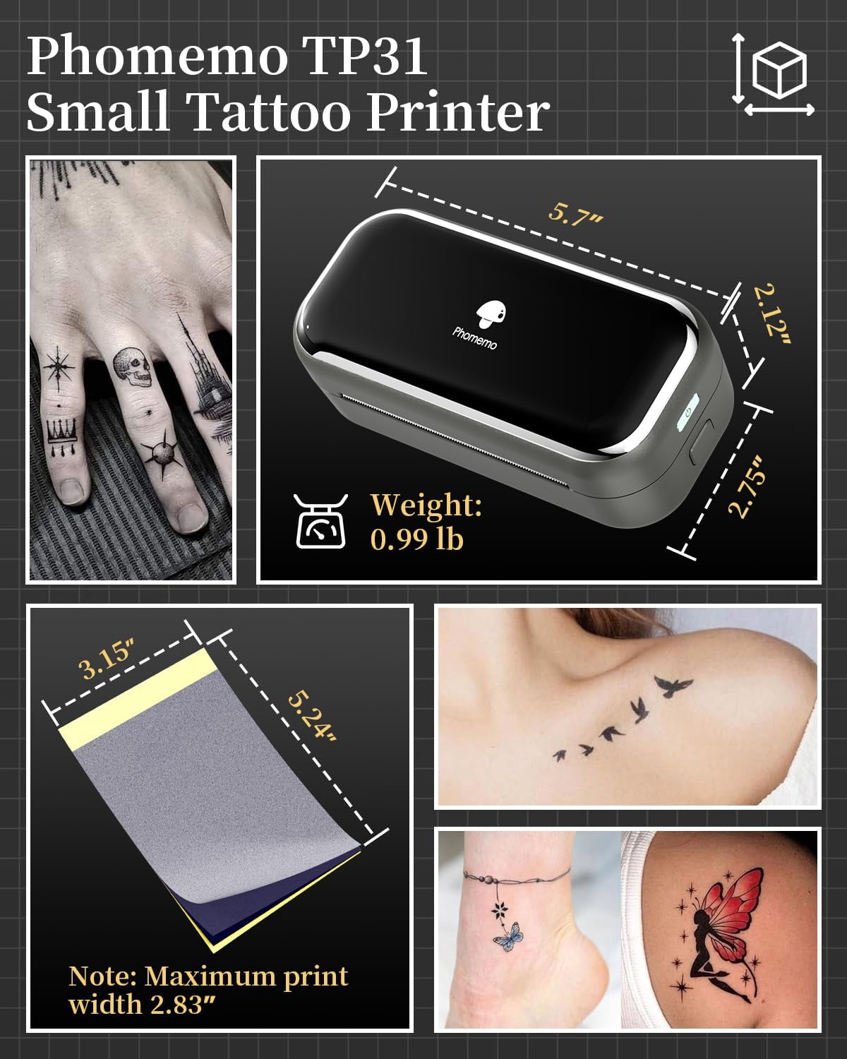 Phomemo TP31 Tattoo Transfer Paper - 100 PCS Only For TP31 Tattoo Machines Printer, 3.15" x 5.24" Transfer Paper, 100PcsThermal Stencil Paper for Tattoo Transfer Kit Supplies