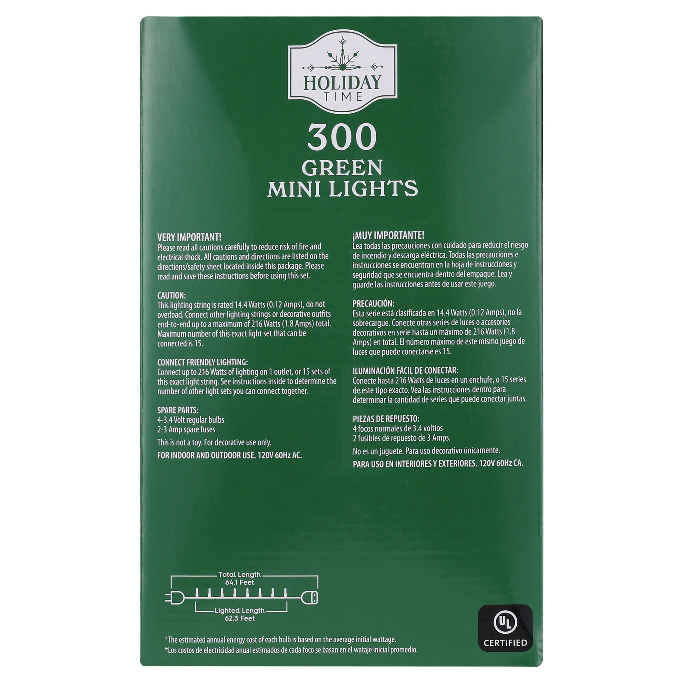 Indoor/Outdoor 300-Count LED Mini Christmas String Lights, Green, Green Wire, 62.3', by Holiday Time