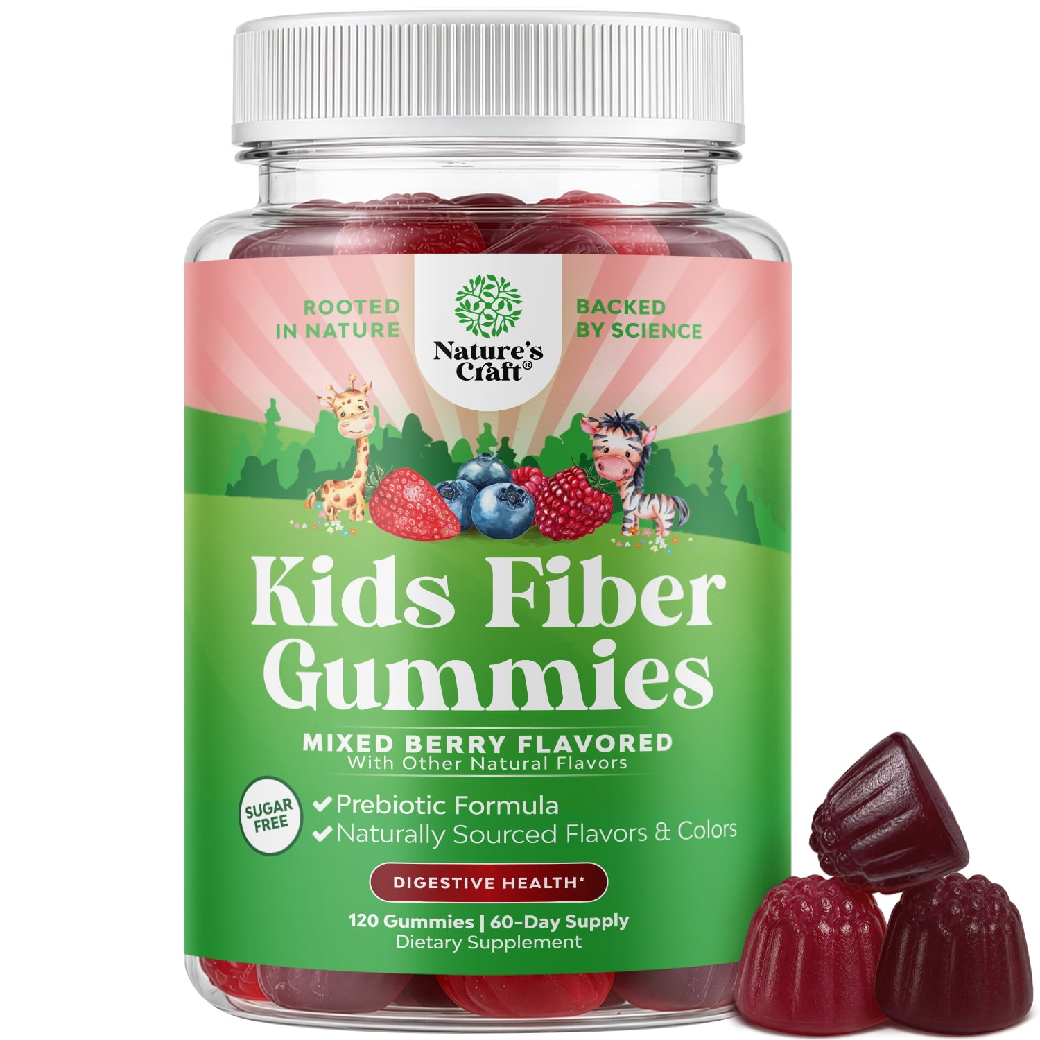 Natures Craft Kids Prebiotic Chicory Root Fiber Gummies, Digestive Health & Immune Support, Mixed Berry, 120 Count