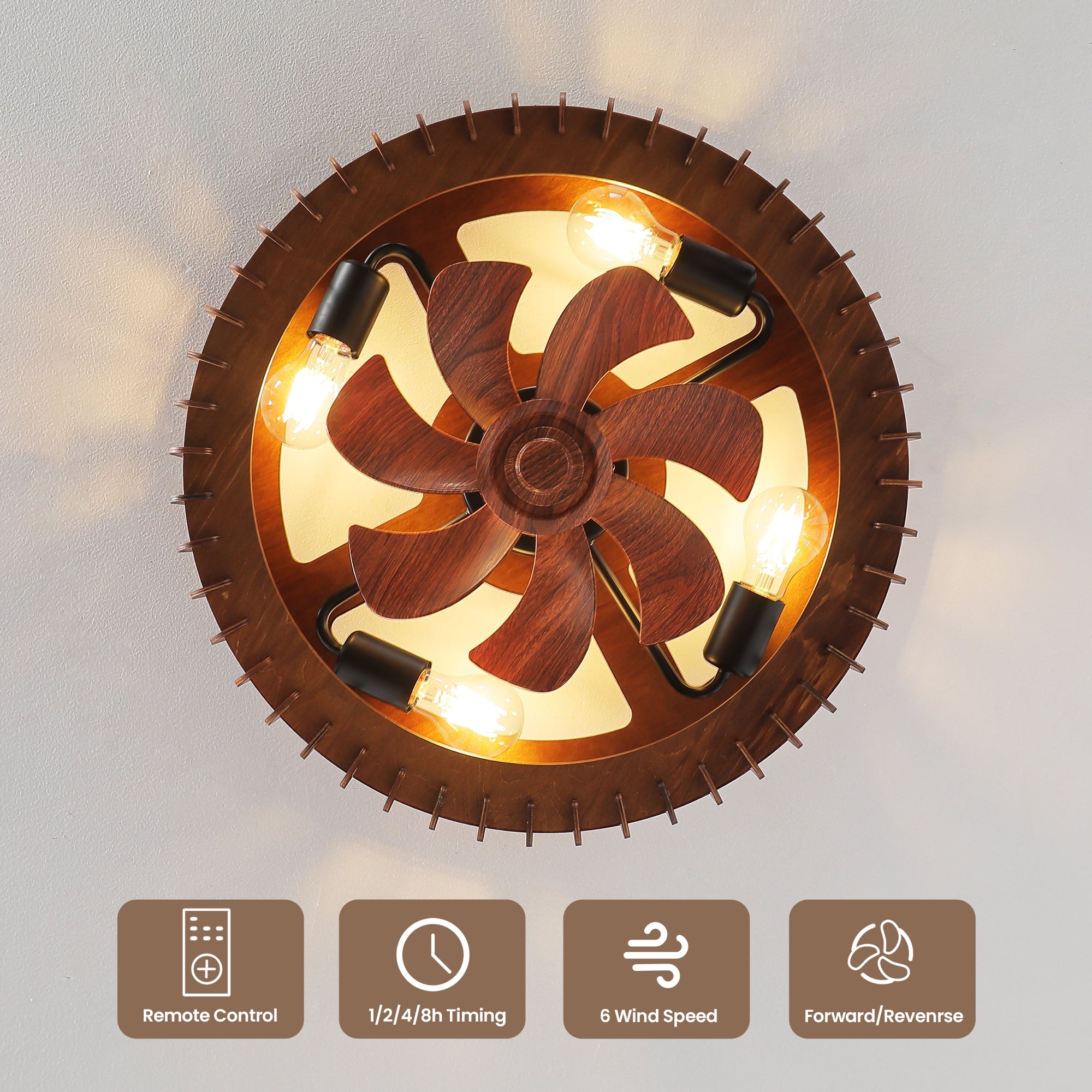 KAISITE 20" Farmhouse Walnut Fandelier Ceiling Fan with Lights  and Remote, 6 Speeds, 1/2/4/8 Hour Timer  for Dining Room, Living Room, Bedroom