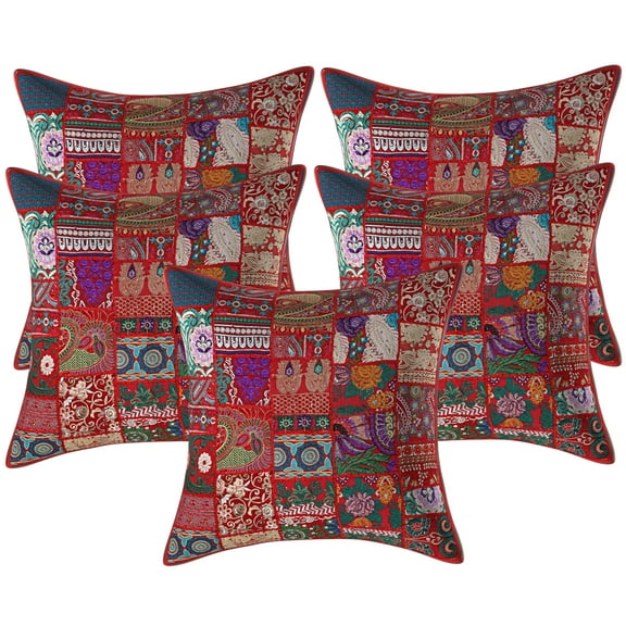 Stylo Culture Indian Zippered Cotton Red Large Throw Pillow Covers 24x24 Patchwork Vintage Sofa Accent Pillow Cases Abstract Floral 60x60 cm Decorative Cushion Covers (Set Of 5)