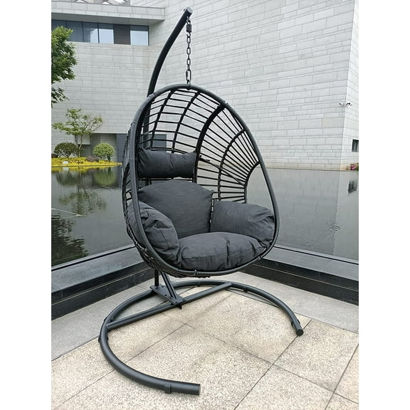 [US IN STOCK] Outdoor Indoor Black PE Wicker Swing Egg Chair with Antracite Cushion Color Base