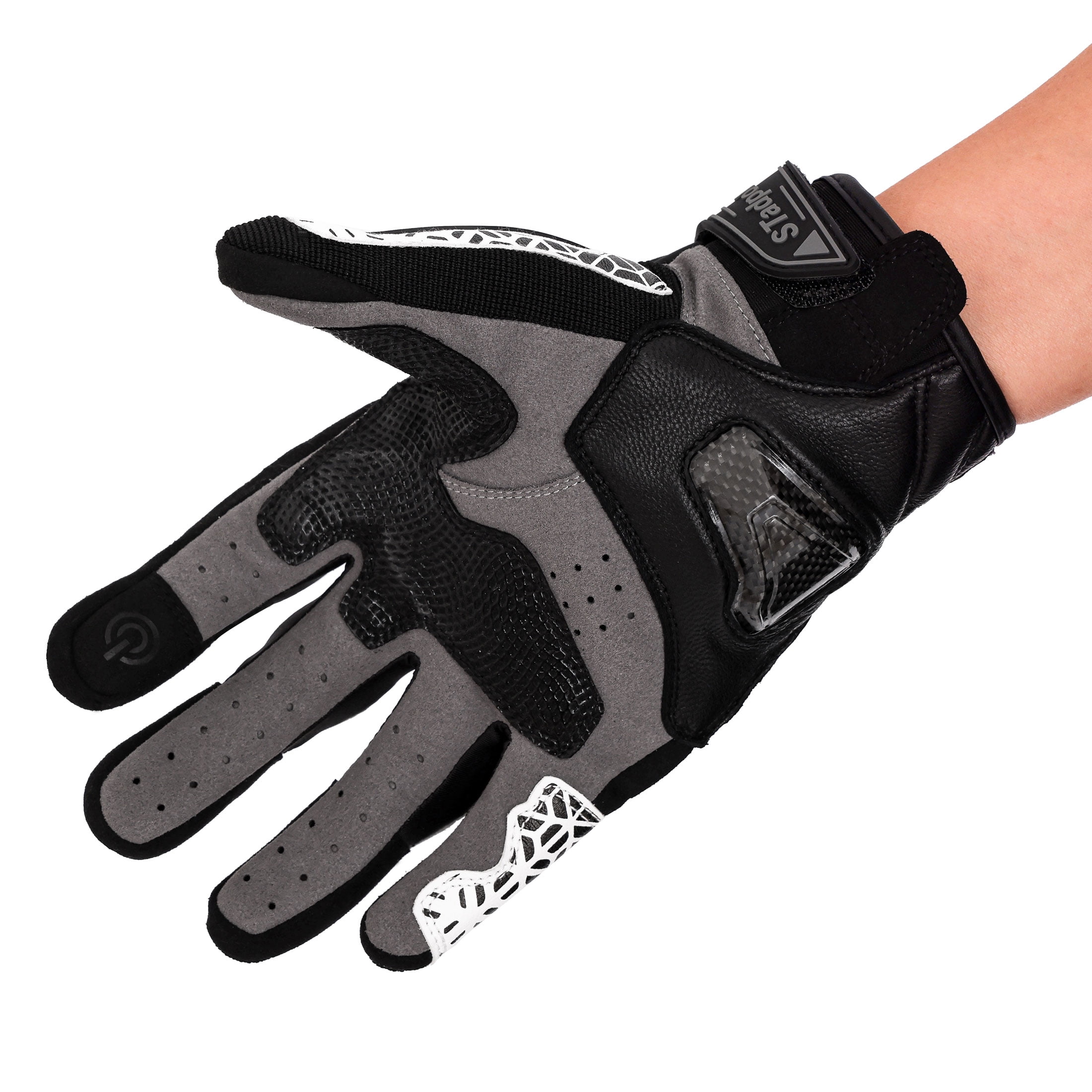 Motorcycle Gloves for Men Hard Knuckle Touchscreen Full Finger Leather Gloves Protection Riding Driving, White + Black