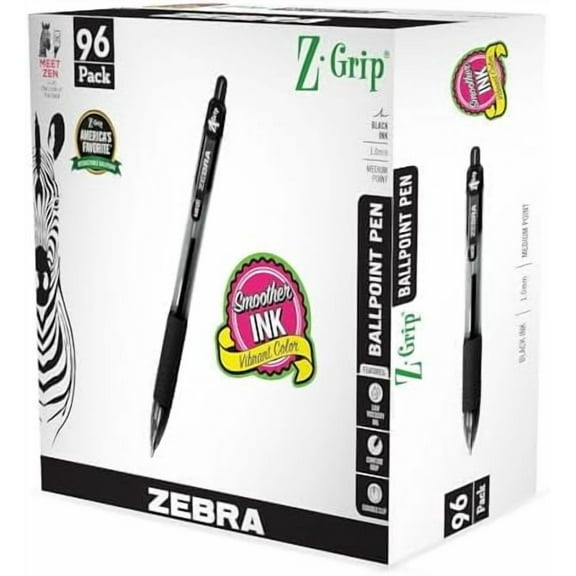 Zebra Z-Grip Retractable Ballpoint Pen, Medium Point, 1.0mm, Black Ink, 96/Pack (22196)$$Office